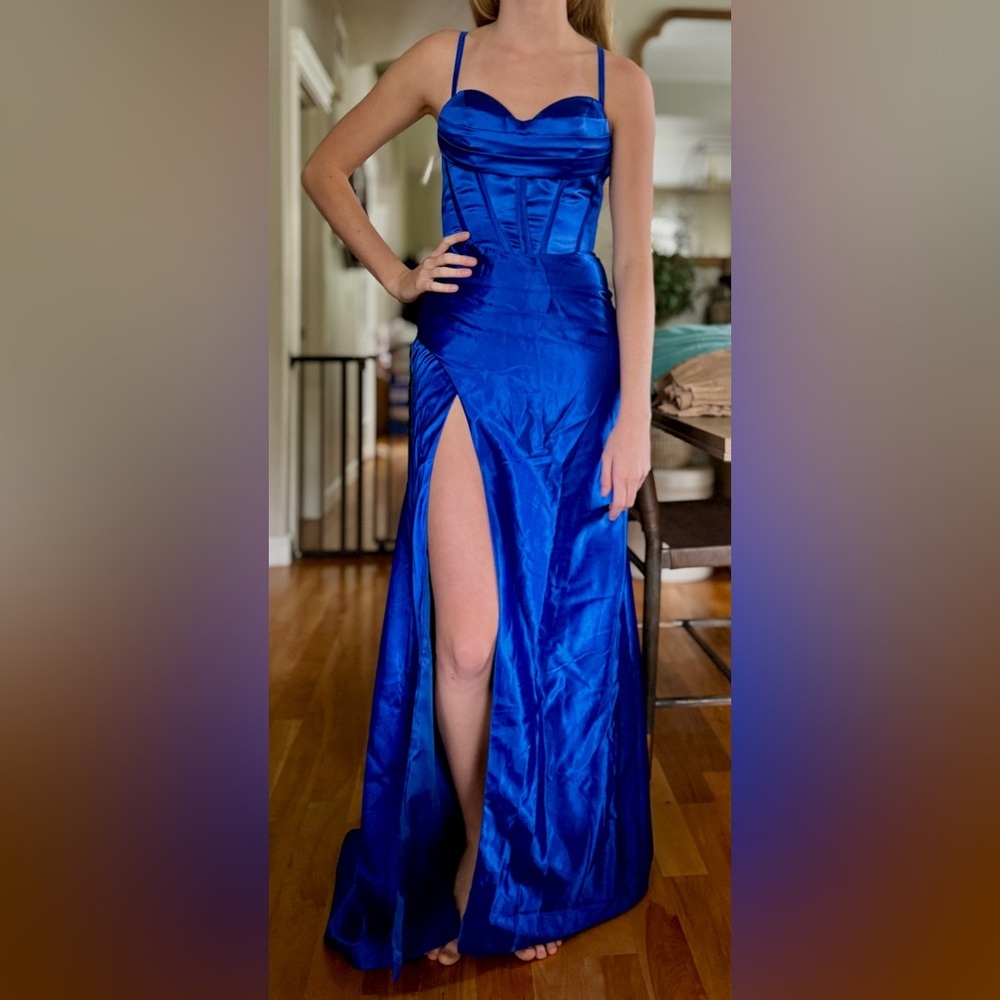 💎Women’s Blue Full Length Prom Dress CrissCross Corset Straps Leg Slit NEW✨